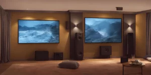 a modern movie room with two big flat tv's mounted on the wall