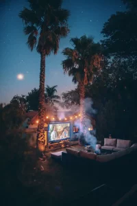 a couple of couches sitting in front of a movie screen