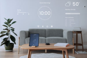 Digital tablet displaying smart home controller interface on wooden table