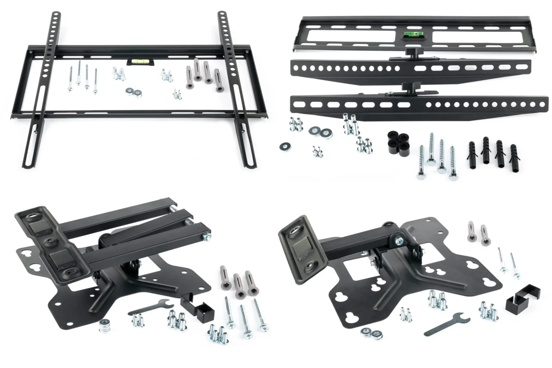 A TV mounting kits with various components laid out on a white surface. The components include black metal brackets, silver screws and bolts, plastic anchors, and cable ties.