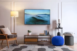 Living room with a large, mounted flat-screen TV on a white wall. There is a blue sofa, and rug in the center of the room.